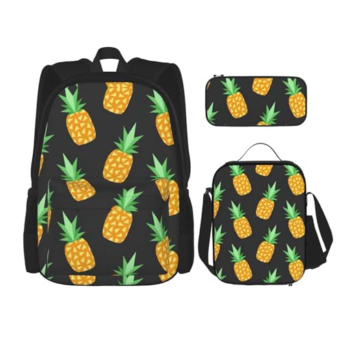 Yellow Pineapple Print 3 Piece Set Backpack, Lunch Bag, Pencil Case, Cute Sturdy For College And Travel