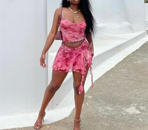 Xuan2Xuan3 Women's 2 Piece Summer Vacation Outfits Beach Spaghetti Strap Tops Split Mini Skirt Set2