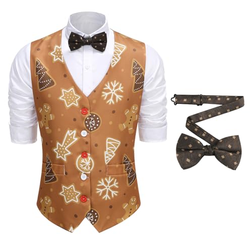 TOONRAIN Mens Gingerbread Man Suit Vest Christmas Printed Jacket with Brown Bowtie Set
