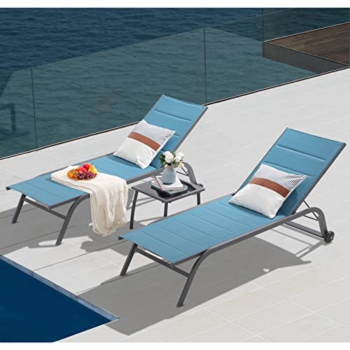 Patiorama Outdoor Patio Chaise Lounge Chair Set Of 3, Dark Grey Aluminum Textilene Padded Adjustable Recliner W/Wheels, Side Table, Pool Lounger All Weather For Beach, Yard, Balcony (Turquoise Blue) #TOP4