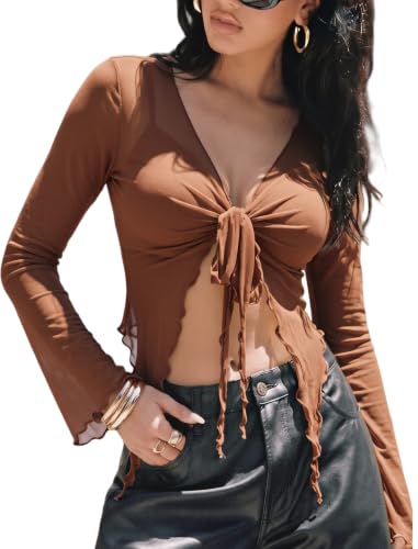 Image of Avidlove Women Mesh Crop Top Y2K Tie Front Tops Rave Top Sheer Cardigan Sexy V Neck Outfits S-2XL