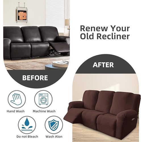 Image of Genina Recliner Sofa Covers - Stretch Reclining Couch Covers with Stripe Jacquard - 3 Seat Cushion Slipcovers with Soft Fabric - Furniture Protector for Pet Kid (Chocolate)