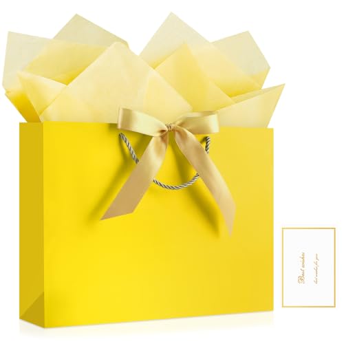 Image of JMANNI Gift Bags with Handles, 13 inch Medium Gift Bag for Presents, 1 Pcs Bags with 2 Tissue Paper and 1 Cards for Baby Shower Wedding Bridal Shower Mother's Day Birthday Party (Yellow