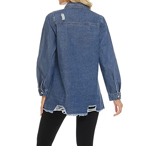 Women Denim Shirt Jacket Long Sleeve Shacket Coat Distressed Washed Ripped Frayed Hem Jean Jacket3