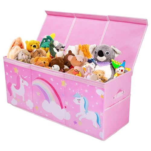 decalsweet Grande Boîte à Jouets avec Couvercle pour Enfants, Coffre de Rangement Pliable Oxford Poches en Maille avec Poignée, Imperméable Boîte de...