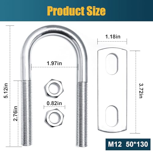 Image of 2 Sets M8 Square U-Bolts,u-Bolts 2 inch Wide,304 Stainless Steel Square u-Bolts,with Nuts,Bolt Plate and washers (M12, 50mm*130mm)