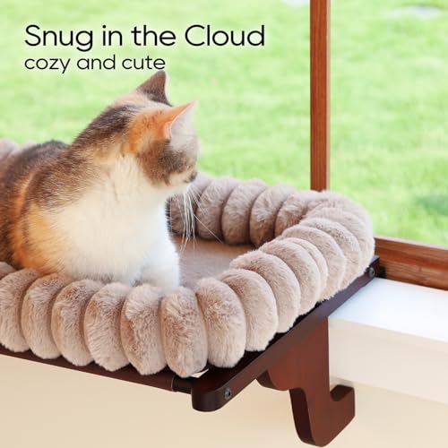 Image of Zakkart SnugCloud Cat Window Perch with 4-Sided Bolster - Orthopedic Cat Hammock for Window Sill - Solid Hardwood & Metal Frame - Window Seat for Pets (Dark Stained Wood w /Brown Bed, Medium)