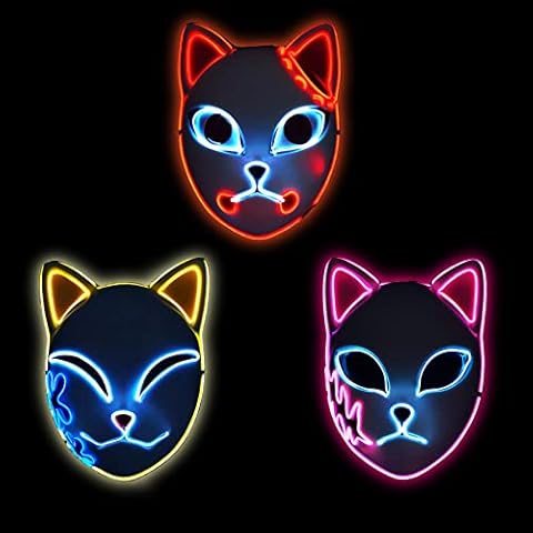 3 PCS Sabito Tanjirou Makomo Demon Slayer Fox Cat Mask Replica LED Light Up Luminous Glowing Kimetsu no Yaiba Comic Cosplay Adults Cover