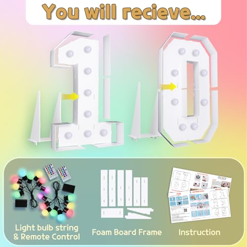 Image of Colorful 4FT Marquee Numbers Light up Numbers 10 Birthday Decoration | RGB with Remote, Party Decorations Anniversary Wedding Decorations Assembly Required Foam Board 40 Pcs Accessory Set