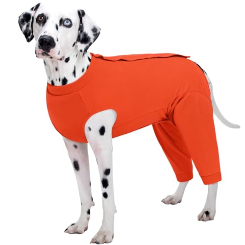 Image of Kuoser Dog Recovery Suit with Anti Licking Rear Leg Sleeve, Orange 3XL | Abdominal Dog Surgical Suit with Pants Cover Protect Wounds, Dogs Elbow Protector Soft Pet Surgery Onesie Cone Alternative