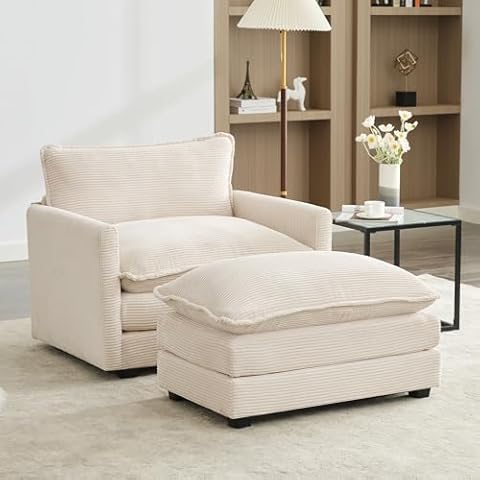 Bumblr Convertible Sectional Couch with Ottoman, Corduroy Single Armchair with Ottoman, Upholstered Couch with Convertible Chaise, Modern Living Room Furniture Set, Beige Cover