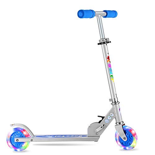 BELEEV V1 Scooters for Kids 2 Wheel Folding Kick Scooter for Girls Boys, 3 Adjustable Height, Light Up Wheels, Lightweight Push Scooter with Kickstand for Children Ages 3-12, Christmas Gift(Blue)