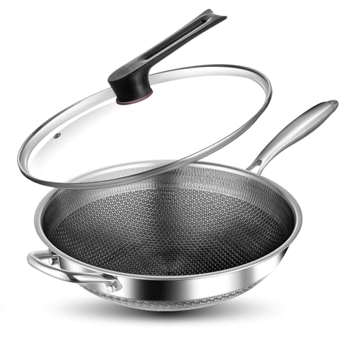LENND Nonstick Wok Pan Hybrid 32CM Wok with Handles Deep Frying Pan Stainless Steel Cookware Woks & Stir-fry pans Honeycomb Cooking Pot Compatible with All Cooktops Dishwasher Safe