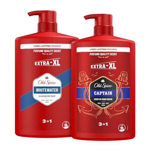Bundle of Old Spice Captain & Whitewater Men’s Shower Gel & Shampoo 1000ml, Multi-Use 3-in-1 Body-Hair-Face Wash, Long Lasting Freshness, Perfume Quality Scent, Deep Cleansing