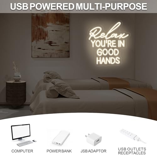 Image of Relax You're In Good Hands Neon Sign Hair Salon Beauty Studio Led Light | USB Powered Dimmable Barber Shop Massage Esthetician Wall Art Decor Gift for Hairdresser 13.8 inchx13 inch