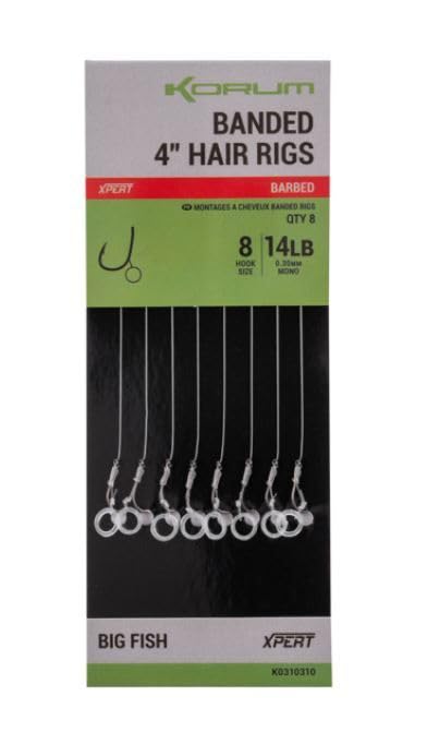 Korum 4" Banded Hair Rigs Barbed Qty 8 (Size 8 14lb)