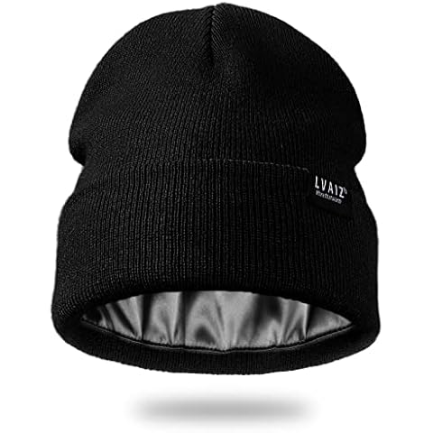 Satin Lined Winter Beanie Hats for Women Unisex Cotton Knitted Cuffed Knit Hat with Silky Lining Slouchy Skull Cap Black Cover