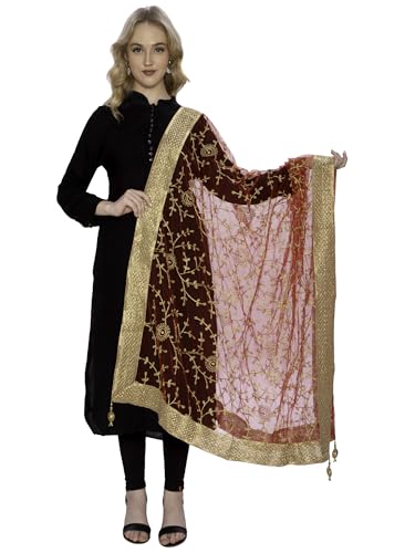 Image of ZEN APPAREL Women's Embroidered Net Dupatta with Lace Borders (Z-101) Premium Net Fabric Golden Aari Work