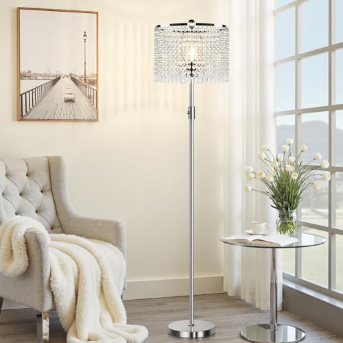 Yemela Upgraded Dimmable Crystal Floor Lamps for Living Room 1000LM LED Bulb Included Standing Lamp with Knob Switch Tall Silver Modern Floor Lamp for Bedroom Nursery Office Reading