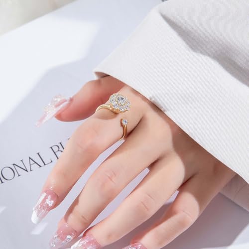 Kokoma Spinner Flower Ring for Women Shiny CZ Crystal Floral Open Wrap Finger Rings Engagement Promise Wedding Band Adjustable Comfort Fit Trendy Jewelry for Lady2