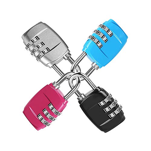 Lot de 4 cadenas à combinaison à 3 chiffres avec corps en alliage pour sac de voyage, valise, casiers, salle de sport, vélo – Noir, bleu, rose et argent