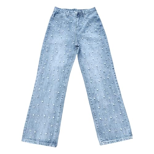 Jeans taille haute perles avec jambe large fluide - 4