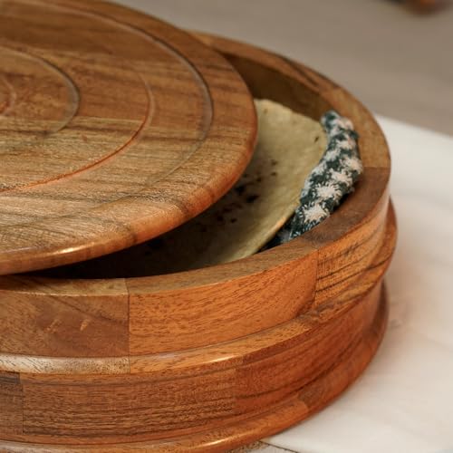 Image of Sanjeev Kapoor By OGGN Acacia Wood 9 x 9 x 2.7 Inch, Casserole for Roti Hot Case | Wooden Roti Box | Hot Case Casserole | Big Chapati Storage Box for Home & Kitchen - Premium Wood Elegant Design