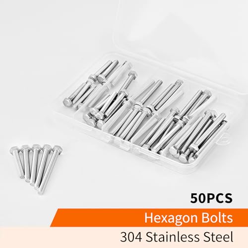Image of M5 x 30mm 35mm 40mm 45mm 50mm Heavy Duty Hexagon Bolts Hex Head Screws, 304 Stainless Steel, Metric Fully Thread, Machine, Bright Finish, Assortment Kit 50PCS