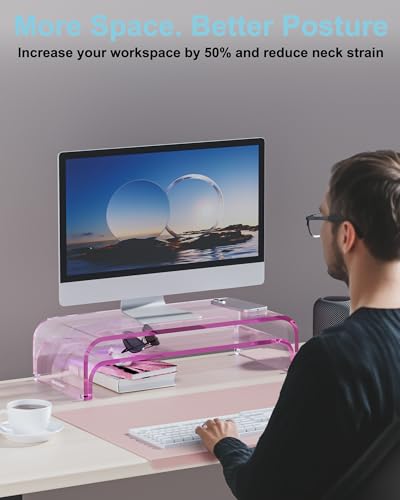 Image of Acrylic Dual Monitor Stand Riser 2 Tier, Modular Laptop Stand for Desk, Multifunctional Desktop Organizer Shelf for PC, iMac, Printer, Detachable Monitor Stand for Office or Home, Pink