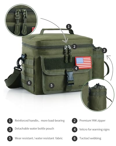 Image of JOYHILL Tactical Lunch Box for Men, Insulated Lunch Bag with Detachable Bottle Pouch Holder, Medium Durable Thermal Cooler Bag,Modern Leakproof Bag for Work, Camping, Picnic,Green,13L /18 Can