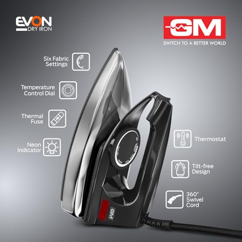 Image of GM Evon 750 Watt Dry Iron for Wrinkle-Free Ironing - Black
