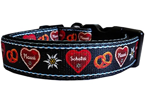 Hundehalsband Trachtenlook bayrisch Alpen Herzen gepolstert Neopren schwarz Halsband Nylon verstellbar exklusiv weich 32-50 cm x 2,5 cm breit