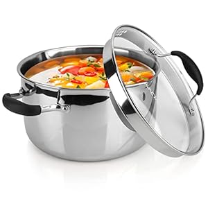 AVACRAFT Tri-Ply Stainless Steel Stockpot with Glass Strainer Lid, Side Spouts, 6 Quart Pot, Multipurpose Stock Pot, Sauce Pot (Tri-Ply Full Body, 6 QT)