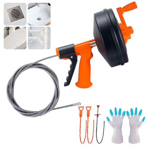 Drain Auger, Clog Remover with Drill Adapter, 35 ft Flexible Plumbing Snake – Use Manually or Powered for Kitchen, Bathroom, and Shower Sink. Comes with Gloves