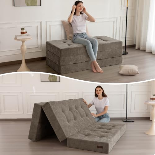 Image of MAXYOYO 6 inch Folding Sofa Bed for Floor, Tufted Tri-Fold Floor Mattress | Queen Size Portable Sofa Couch Guest Mat with Chenille Fabric for Adults, Foldable Topper for Camping, Brown, Queen