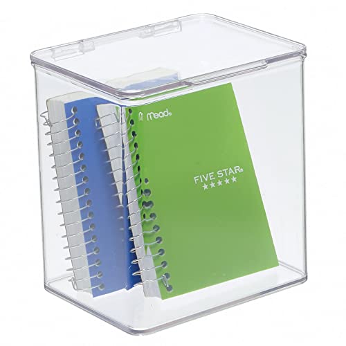 mDesign Plastic Stackable Box Home, Office Supplies Storage Organizer Box with Attached Hinged Lid - Holder Container for Note Pads, Gel Pens, Staples, Dry Erase Markers, Tape - Clear