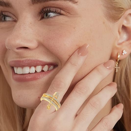 Thumb Rings for Women, Safety Pin Ring Set, 18K Gold Plated Rings, Silver Cz Cubic Zirconia Rings, Rose Gold Ring for Her, Hypoallergenic Stackable Rings, Ring Size 5-10 - Image 4