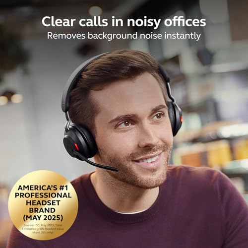 Image of Jabra Evolve2 65 Bluetooth Wireless Headset with Mic for Calls and Music, Dual-Ear Headphones with USB-C Adapter and Charging Stand, Up to 37 Hours Battery, Works with Online Meeting Apps, Black
