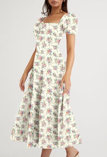 Women\'s Puff Sleeve Split A-Line Maxi Dress Elegant Floral Print Ruched Long Dress Apricot Large