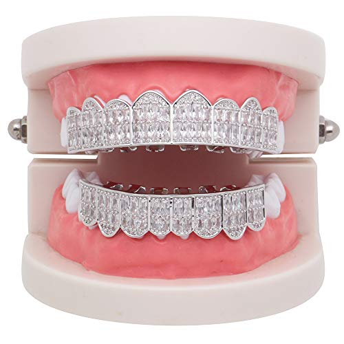 LuReen Gold Teeth Grillz Square Pave CZ 8 Teeth Top Bottom Man Women Grillz Diamonds Grillz+ 2 Extra Molding Bars for Halloween Costume Cosplay3