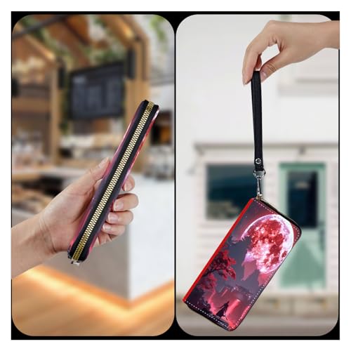 Wristlet Wallet for Women Teen Girls Womens Wallet RFID Blocking Credit Card Holder with Removable Wristlet,Leather Phone Wallet Clutch Large Capacity Ladies Travel Purs,Red Moon and Tree4
