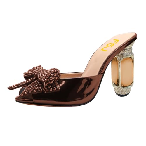 FSJ Women Luxury Crystal Chunky Heeled Mules Rhinestone Bow Peep Toe Slip On Backless Gem Slide Sandals Summer Slipper Shoes Size 4-15 US