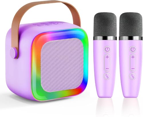 Image of MIni Karaoke Machine for Kids with 2 Wireless Microphones, Portable Bluetooth Speaker, LED Disco Lights & Voice Changer, Great Birthday Gift for Girls Ages 3-12, Perfect for Family Parties and Home