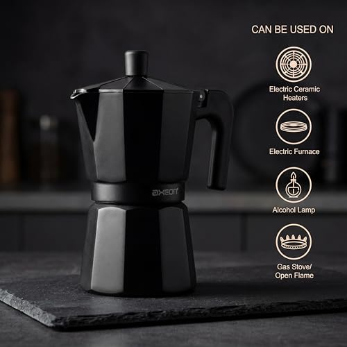 Image of AXEON Classic Moka Pot 240ml Espresso Coffee Maker | Italian Style Mocha & Cuban Cafe Brewer | Gas Stovetop Compatible | Food-Grade Aluminum with Cool Touch Handle | Brews 4-6 Cups, Black