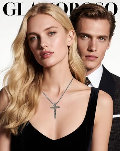 Catholic Crucifix Necklace for Men and Women, Antique Silver Cross Necklace with Exquisite Jesus Pendant, 18~30" Stylish Stainless Steel Snake Chain, Christian Jewelry Gift3