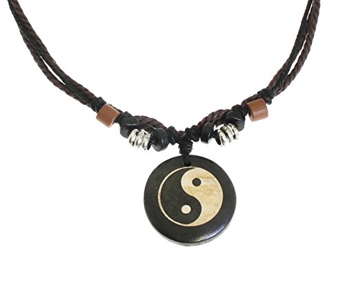 benerini Collar con cordón para Surfista con Colgante de Hueso Tallado en Ying Yang - Totalmente Ajustable - Cordón Negro y marrón