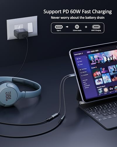 Image of FEDUS Node-X1 2-in-1 Type C to 3.5mm Audio Jack & 60W PD Fast Charging Adapter, USB C to Aux Headphone Cable Hi-Fi DAC with Mic Support for iPhone 17 /16 /15,Samsung S26 /S25 /S24 Ultra,iPad,Google series