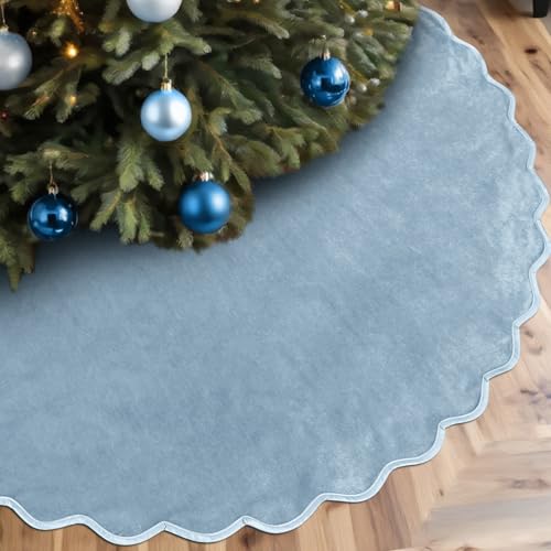 RoundFunny Gray Blue Christmas Tree Skirt 48 Inches Neutral Velvet Christmas Tree Skirts Modern Scalloped Edge Xmas Decorations Minimalist Mat for Home Indoor Outdoor Holiday Party Decor