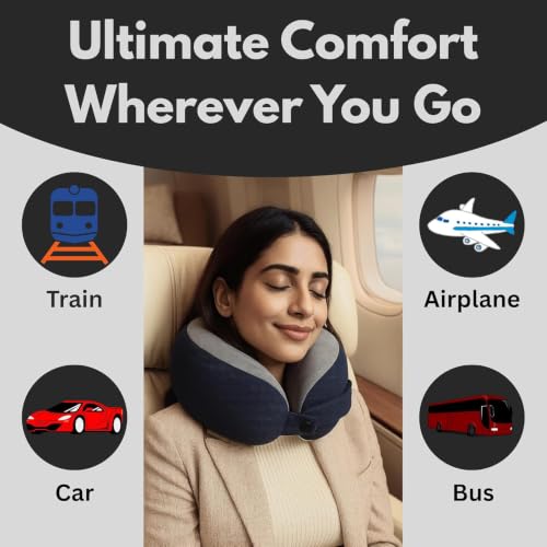 Image of Memory Foam Travel Neck Pillow | Ergonomic U-Shaped Neck Support Cushion with Soft Washable Cover & Carry Bag | Airplane, Car, Train & Office Travel Pillow for Adults (Grey, Pack of 4)