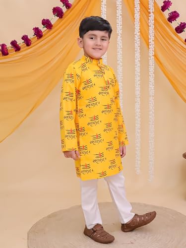 Image of AJ DEZINES Boys Cotton Full Sleeve Letter Printed Kurta Pajama Set for Kids - Ethnic wear | Special Occasion & Traditional Outfit |Boys Kurta Set - Regular Fit